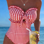 Slimming Strapless Striped and Checkered One-Piece Swimsuit