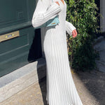 Long Sleeve Dress V-Neck Knit Maxi Dress Ribbed Elegant Long High Waist Pleated Dresses