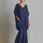 Women's Navy Blue Sheer Chiffon Dress With Batwing Sleeves & Ruched Side Detail, Timeless Effortless-Boho Style Dress