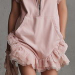 Elegant Retro Sporty V-neck Front Zipper Sleeveless Lace Trim Pink Cotton Mini Dress