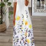 Boho Floral V Neck Button Lace Sleeve Holiday Beach Maxi Dress