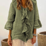 Women's casual ruffle collar cotton and linen tops
