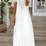 Boho Floral V Neck Button Lace Sleeve Holiday Beach Maxi Dress