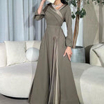 A-Line Wrap Pleated Solid Color Split-Joint V-Neck Maxi Dresses