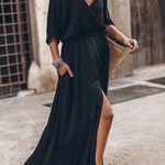 Soft and Elegant Kimono Sleeve Stretchy Waist Pocketed Slit Maxi Dress