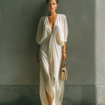 Women's Ivory Silky Fabric Deep V-Neck Maxi Dress With Puff Sleeves & Side Slit