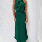 Long Formal Satin Dress Mock Neck High Neck Evening Dress