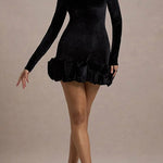 Velvet Round Neck Long Sleeve Ruched Puffy Hem Mini Dresses-Purple