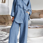 Nadorine Casual Retro Two-Piece Sets Long Sleeve Loose Shirt and Elastic Waist Wide Leg Pants