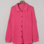 Nadorine Waffle Knit Button Down Shirt Long Sleeve Loose Solid Color Tops