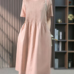 Nadorine Women's Crew Neck Cotton Linen Plain Dress Casual Loose Short Sleeve Sundress with Pockets