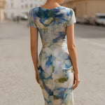 Draped Cowl-Neck Print Midi Dress