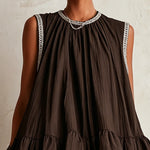 Brown sleeveless mini dress with a bubble hem