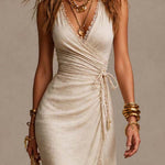 Beige faux-linen wrap maxi dress with lace trim
