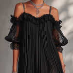 Black Off-Shoulder Chiffon Mini Dress with Lace Trim