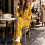 Stylish Retro Yellow Velvet Zipper Long-Sleeved Jumpsuit