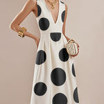 A-Line High Waisted Pleated Polka-Dot V-Neck Maxi Dresses