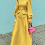 A-Line Long Sleeves Pleated Pockets Solid Color Mock Neck Maxi Dresses