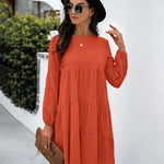 Long Puff Sleeve Shirt Dress Casual Crewneck Loose Fit Sundress Trendy Tiered Layer Summer Mini Dresses