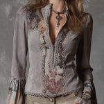 Vintage Patchwork Eco-Suede Blouse With Lace And Floral Prints
