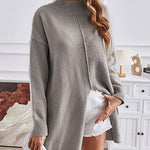 Turtleneck Slit-front Mid-Length Sweater