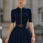 Navy Collared Zip-Front Pleated Mini Dress