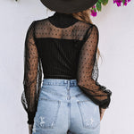 Turtle Mock Neck Polka Dot Sheer Mesh Long Sleeve Bodysuits Slim Body Suits Leotard Tops Jumpsuit