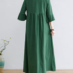 Loose Embroidered Floral Cotton Linen V-Neck 3/4 Sleeve Dress