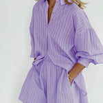 Long Sleeve Striped Shirt Shorts Two Piece Set Shirts Mini Shorts Suit