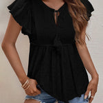 Nadorine Eyelet Tie-Neck Flutter-Sleeve Top Solid Color Casual Blouse for Women Casual Work Office Loose Fit 2026 | Under $40