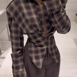 Vintage Plaid Shoulder Pad Buttons Long Sleeve Angled Hem Shirt