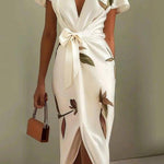 White Leaf Short Sleeve Satin Wrap Sheath Midi Dress