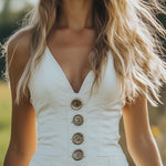Retro Casual V-Neck Front Button White Denim Mini Dress