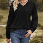 V-Neck Solid Color Twisted Knit Long Sleeve Loose T-Shirt Tops