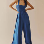 Spaghetti Strap Jumpsuit Casual Sleeveless Ruffled with Pockets High Waist Loose Wide Leg Pants Romper