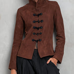 Brown faux-suede long-sleeve jacket and black trousers set
