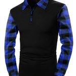KZZ Men's Patchwork Plaid Print Half Zip Up Polo Shirt