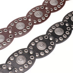 Oval stitching waist belt with large round pattern alloy buckle