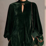 Green velvet round-neck lantern-sleeve top and wide-leg trousers set