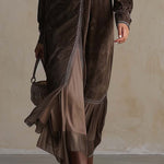 Elegant velvet Loose Midi Dress with V-Neck and Binding Detail