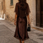 Brown Chiffon Blouse And Satin Midi Dress Two-piece Set