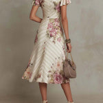 Elegant vintage floral satin midi dress