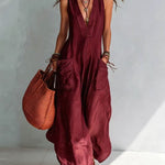 Solid-color V-neck loose-fit Euro-American style jumpsuit with large pockets