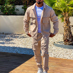KZZ Men's Solid Button Pocket Lapel Neck Jacket & Drawstring Waist Cargo Pant Set
