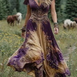 Deep V-neck short-sleeve dress with a creative patterned motif