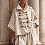 Oversized layered-collar toggle-fastening top and wide-leg trousers set