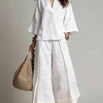 Pink V-neck Shirt And Color-blocked Wide-leg Pants Suit