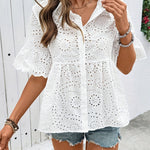 Women's White Short-Sleeve Shirt with Openwork Embroidery