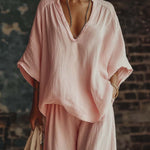 Casual Pink V-Neck Shirt and Trousers Set