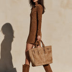 Brown half-zip straight-cut suede mini dress